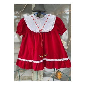 Vintage 80s Deadstock TUTTI FRUTTI Red Velvet White Eyelet Lace Dress Sz 2